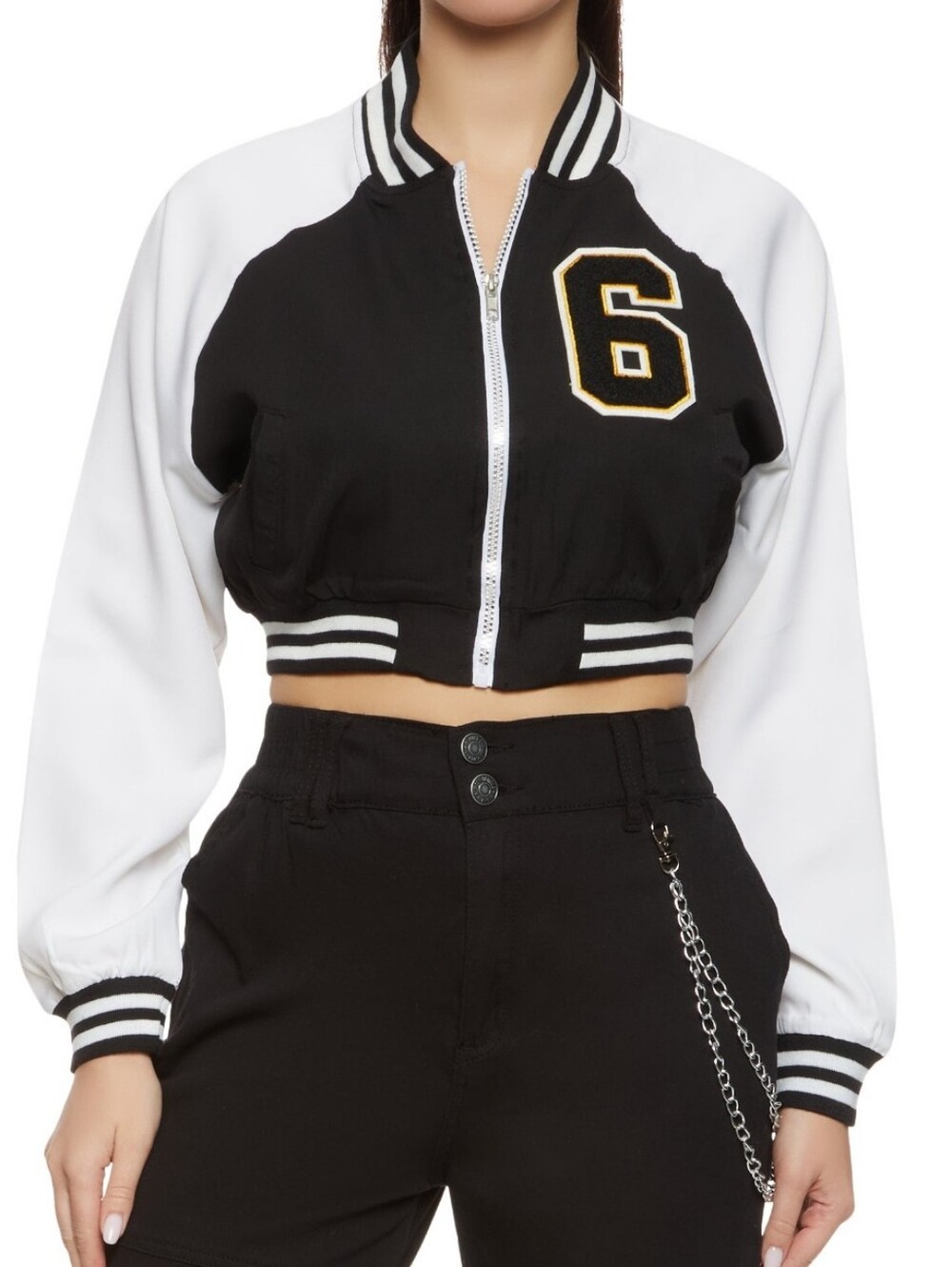 Cropped Varsity Bomber Jacket in Black and White (L)